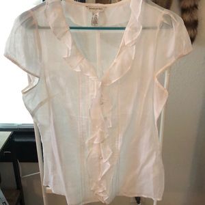 White button down ruffle detail blouse